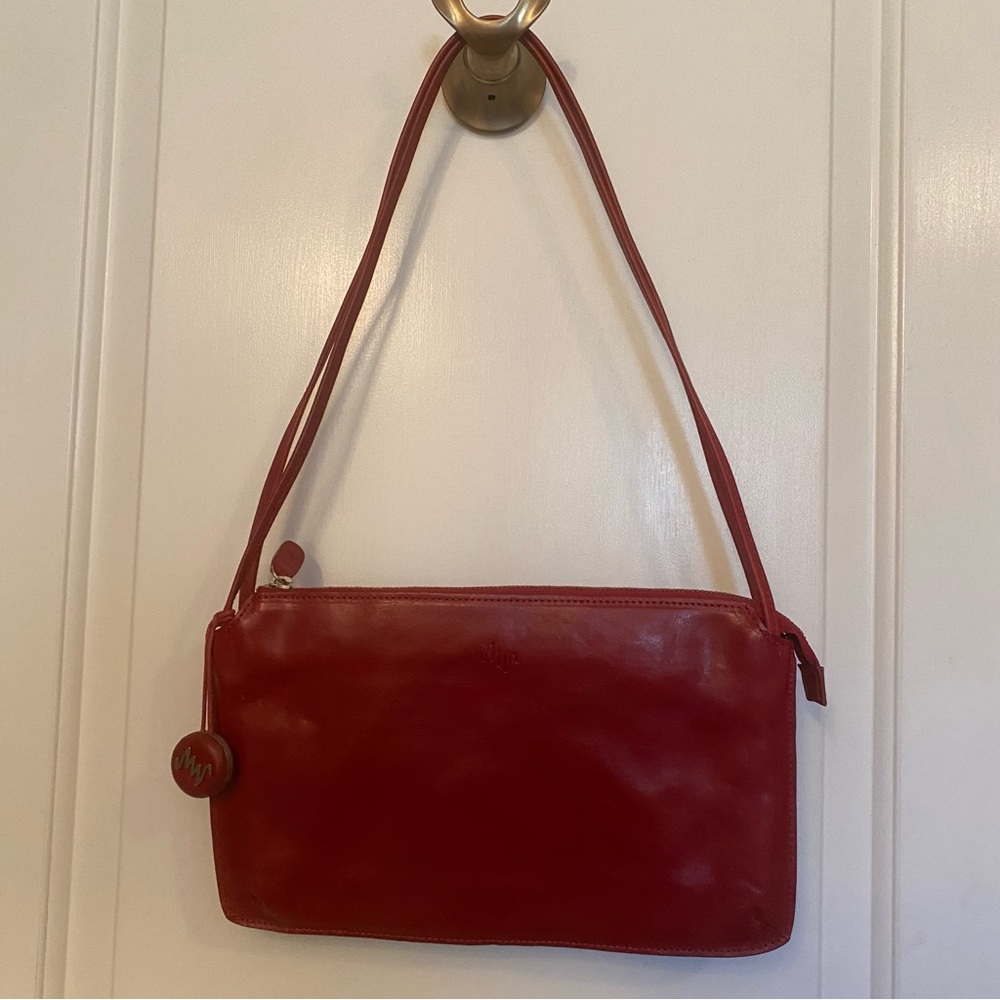 VINTAGE MONSAC ORIGINAL BAG SHOULDER SHINY RED LEATHER 2 STRAP ZIP TOP ENVELOPE